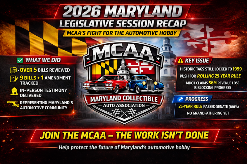 MCAA 2026 Legislative Recap: A Strong Start for Maryland’s Automotive Hobby